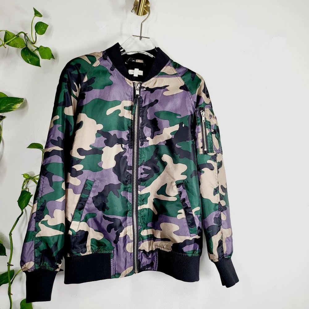 ANTHRO x SILENCE + NOISE Rita Camouflage Lightweight Bomber Jacket MEDIUM Satin - Picture 3 of 13